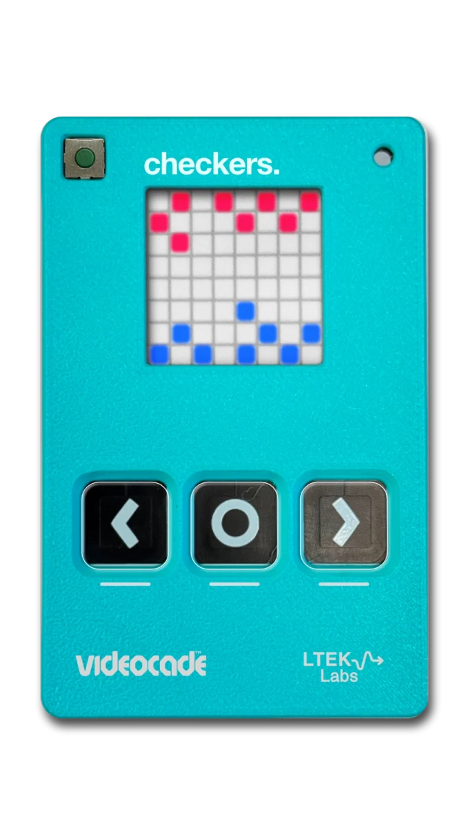 VIDEOCADE checkers console, teal shell with three buttons and red and blue pieces on the LED grid